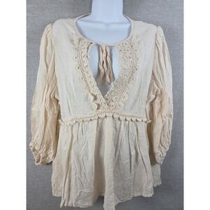 Max Studio Womens XL Blouse Boho Crochet Tie Accent Keyhole Empire Waist Fairy